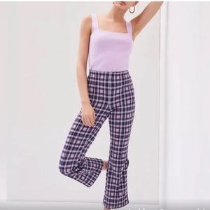 Maeve Anthropologie Pull On Cropped Flare Leg Purple Plaid Pants Small F2
